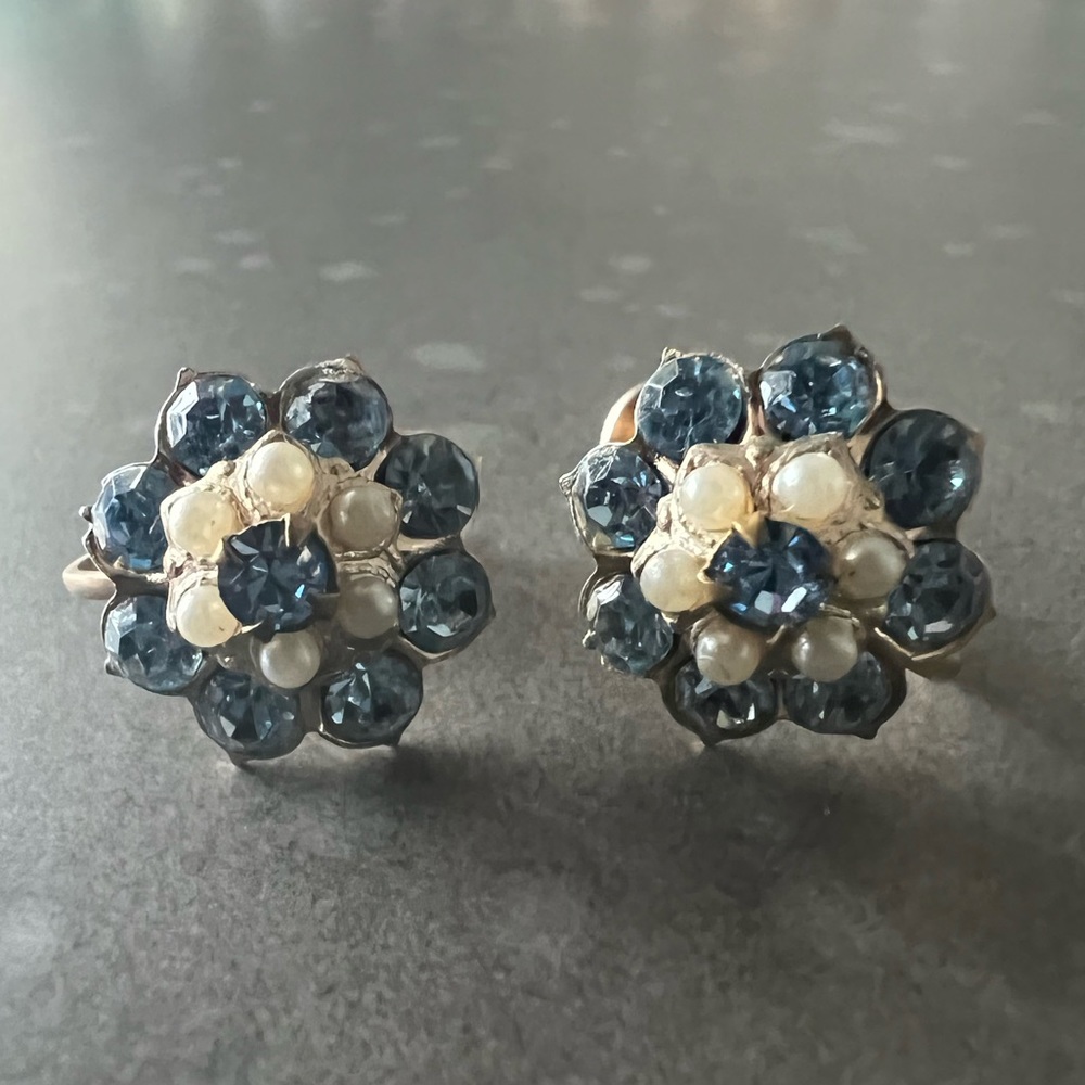 Vintage Gold, Pearl, Blue Rhinestone Screw-Back Earrings